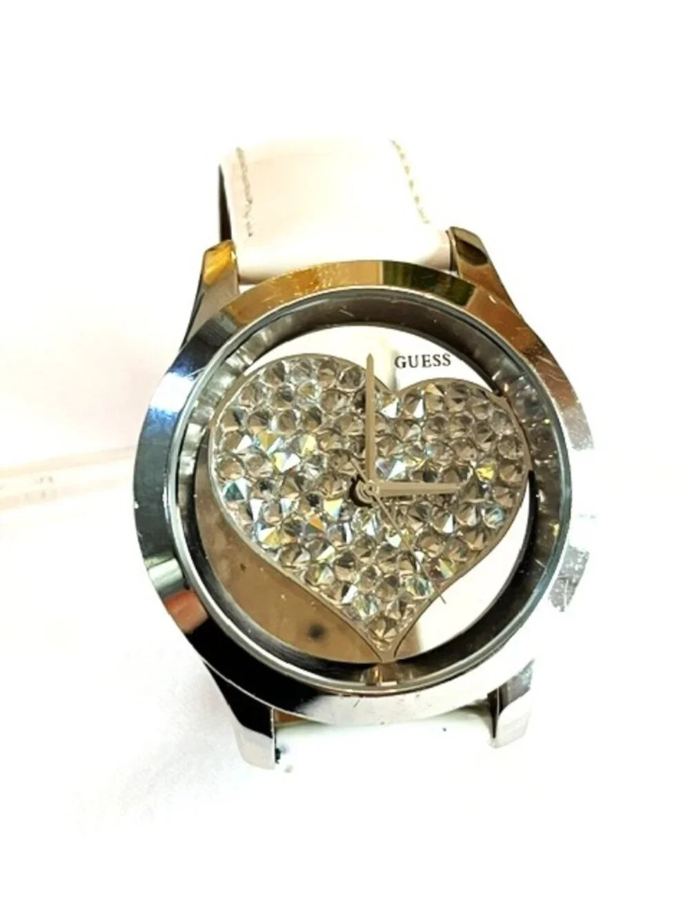 GUESS | Clearly Heart Silver-tone White Patent Leather Band-NEW Battery